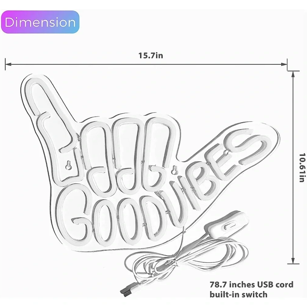 Neon Sign Good Vibes Rainbow Hippie Retro 90's Party Birthday Room Light Decor - Picture 5 of 8